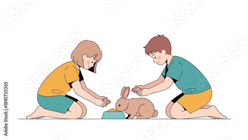 Two children taking care of a cute brown rabbit, an illustration on a white background