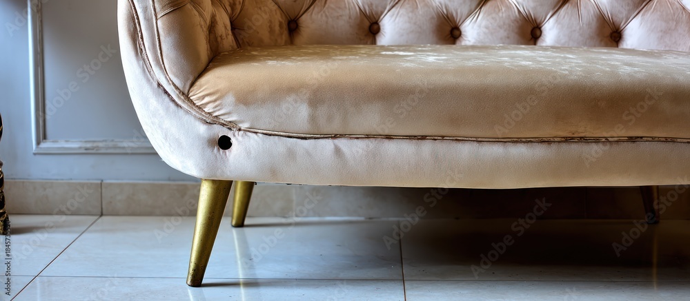 Fototapeta premium Elegant beige velvet sofa with tufted back and gold legs.