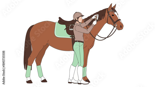 Illustration of a person grooming a horse, preparing it for an equestrian event or ride