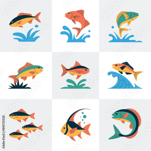 Colorful tropical fish and ocean animal icon collection featuring jumping swimming marine life flat vector illustration set