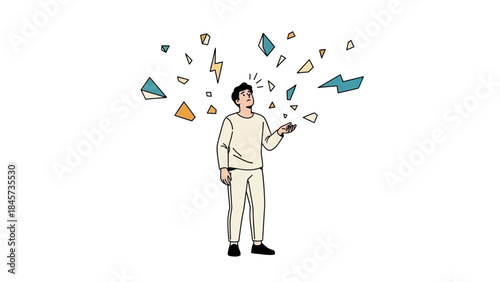 Illustration of a man with fragmented thoughts and ideas, concept of confusion and stress