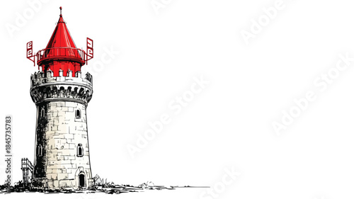 Tower with Red Top and 'E' Vector Outline Design
