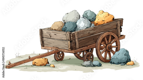 Rustic Wooden Cart with Rocks and Hand-Drawn Map Illustration