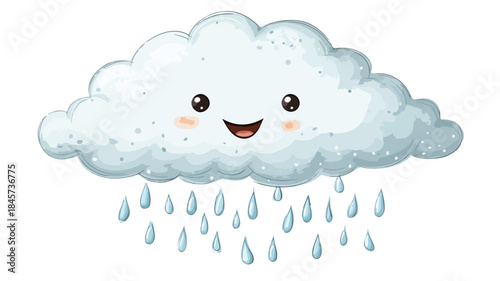 Cheerful Cartoon Cloud with Raindrops Smiling: Adorable Vector Illustration