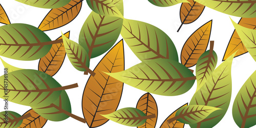 Scattered vibrant green and brown autumn leaves illustration with detailed veins.