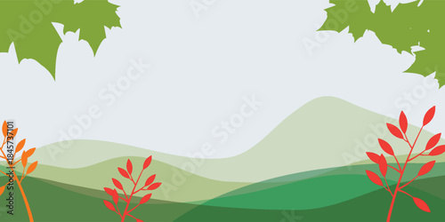 Flat design natural landscape illustration with rolling green hills vibrant red foliage and lush tree canopy.