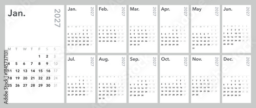 Classic monthly calendar for 2027. Calendar in the style of minimalist square shape. The week starts on Monday. English text.