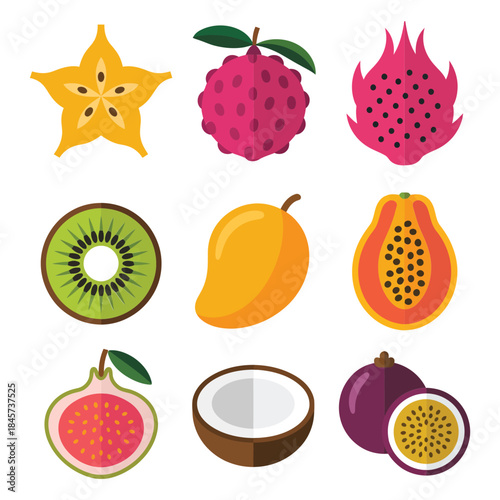 Exotic fruit icon collection featuring dragon fruit papaya kiwi mango fig and coconut vibrant flat vector illustration pack