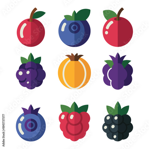 Assorted fruit illustration set, apple orange grape plum blueberry raspberry icons, fresh harvest concept, grocery market, bright flat vector design