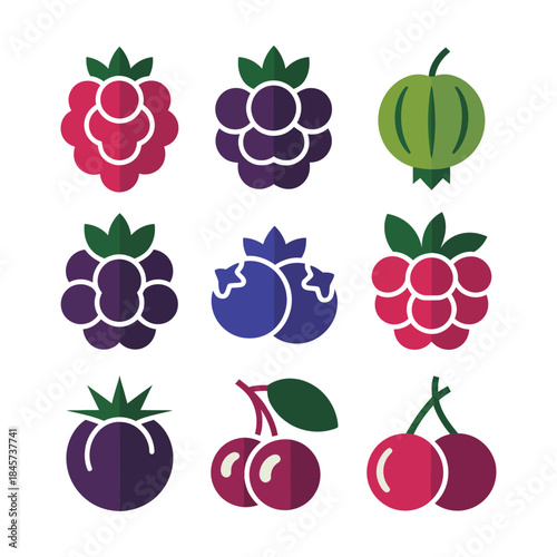 Berry and small fruit icon collection featuring grapes berries cherries and plums colorful flat vector illustrations for packaging