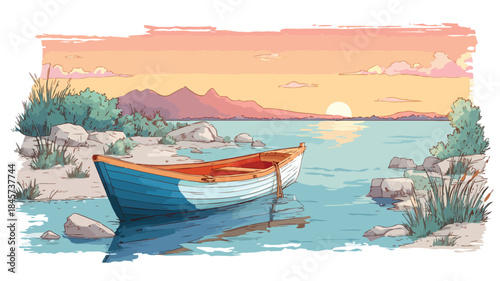 Boat Landscape Vector with Outline Isolated on White Background for Design Projects