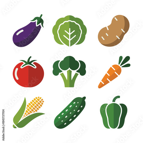 Mixed vegetable illustration set, eggplant tomato carrot corn cucumber pepper icons, vegetarian food concept, fresh market, colorful flat vector design