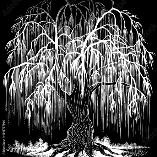 Dramatic Weeping Willow Silhouettes Over Water Reflection