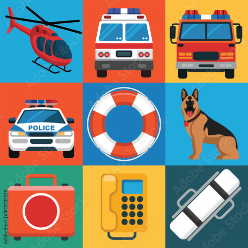 Rescue and emergency vehicle icons, ambulance helicopter fire truck police car, first response concept, colorful flat vector design