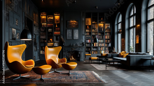 Salon with library wall and...