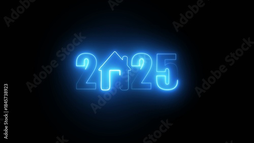 Bright blue glowing neon sign of the year 2025 with a house symbol replacing the two zeros on a dark Generate title without using the word 