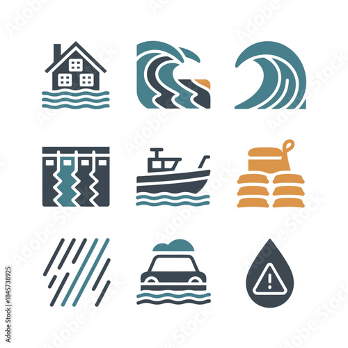 Fire emergency icon set, flame extinguisher fire truck alarm symbols, firefighting safety concept, flat vector illustration