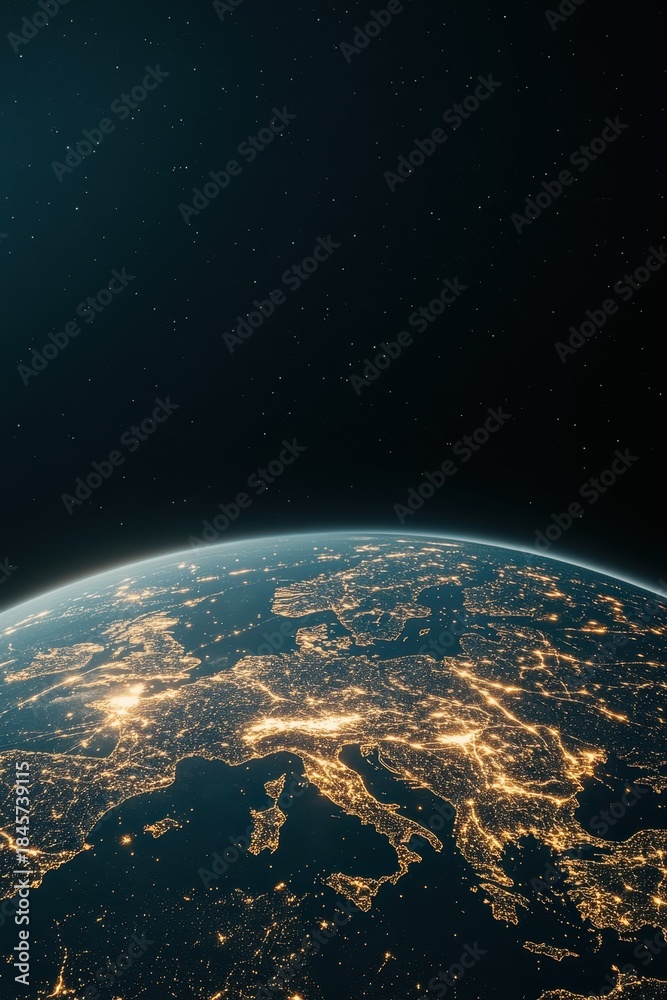 Obraz premium Digital planet Earth glowing brightly at night from deep space, showing vast interconnected urban light networks across continents, a virtual future vision.