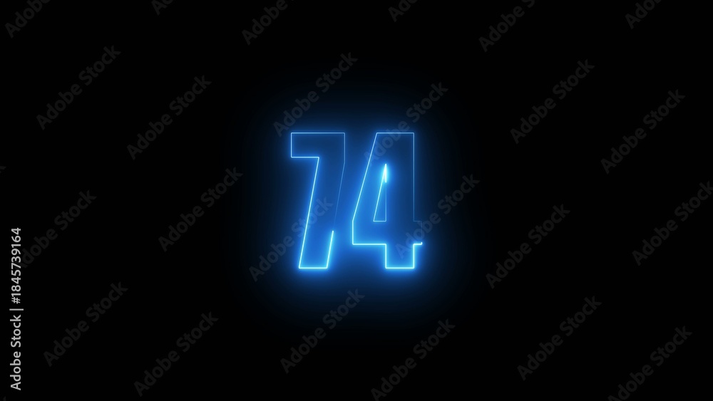 Fototapeta premium Bright blue neon number seventy four with illuminated outlines and subtle light glow on dark Generate title without using the word 