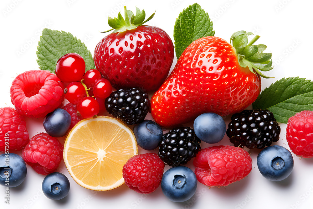 Obraz premium White background Strawberries, Mixed Berries, and Lemon Slice Grouped