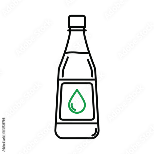Outline icon of a bottle with a green drop symbol on the label