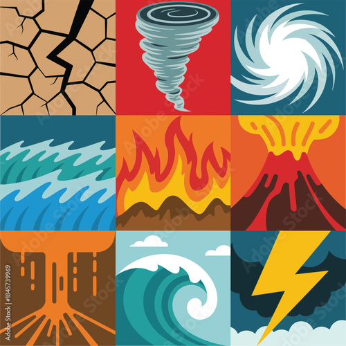 Climate hazard square icon set, drought flood fire storm wave lightning symbols, environmental danger, modern flat vector illustration