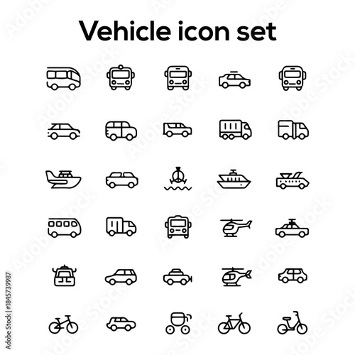 Public and Private Transportation Vector Line Icon Set: Modern Symbols for Travel, Delivery, Logistics, and Automobile Industry Concepts.