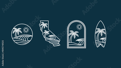 California Surf and Beach Icon Set with Palm Trees and Sun