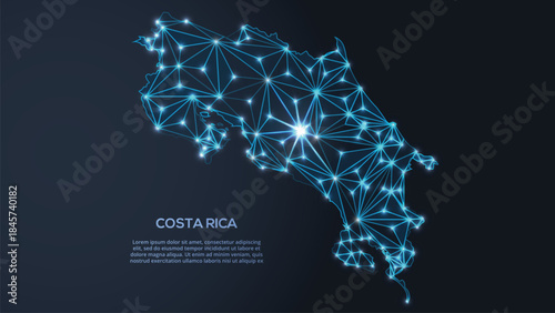 Geometric low-poly vector depiction of Costa Rsca, showing illuminated cities and population clusters as sparkling dots and space-inspired stars. digital communication network