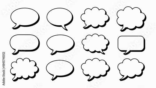 Set of Empty Speech Bubbles and Thought Bubbles in Black and White