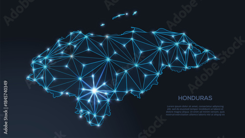 Geometric low-poly vector depiction of Honduras, showing illuminated cities and population clusters as sparkling dots and space-inspired stars. digital communication network