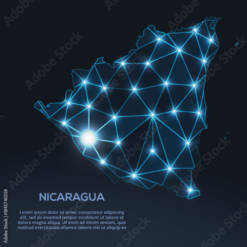 Geometric low-poly vector depiction of Nicaragua, showing illuminated cities and population clusters as sparkling dots and space-inspired stars. digital communication network