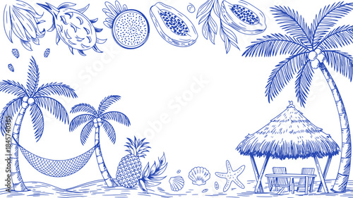 Tropical Beach Scene with Palm Trees and Hanging Hammock