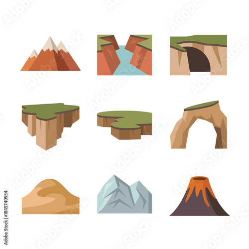 Landform illustration collection, canyon hill cave rock mountain volcano icons, earth science concept, flat vector design