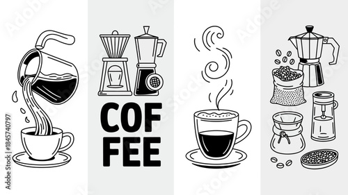 Coffee Illustration Set with Brewing Methods and Tools