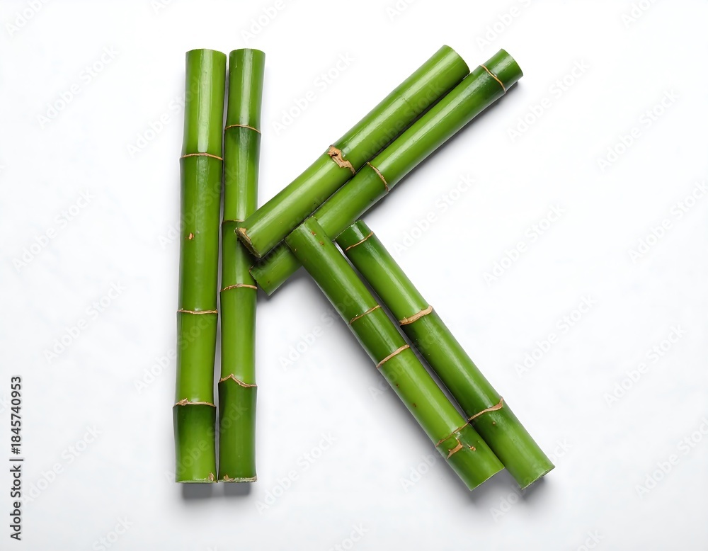 Fototapeta premium A close-up shot of the letter 'K' creatively assembled using green bamboo stalks. The natural stems are placed against a white backdrop