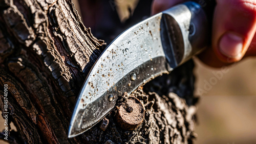 Garden knife blade slowly entering thick, rough grapevine bark  