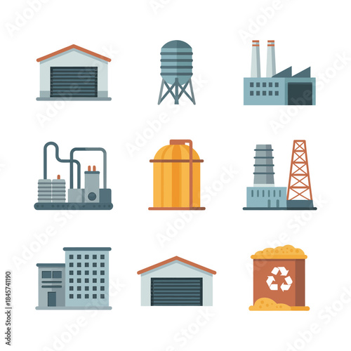 Industrial factory and warehouse icon set featuring power plant silos recycling units and storage buildings flat vector illustration