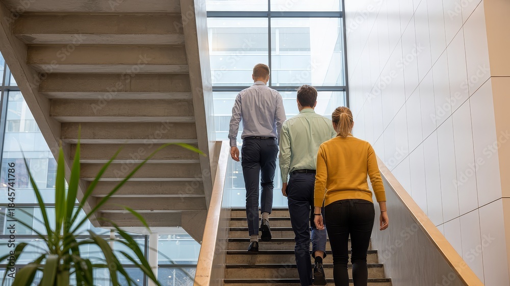 Fototapeta premium Three colleagues ascend a modern office building staircase, bathed in natural light from large windows.