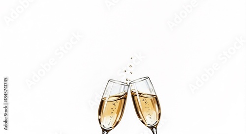 Two Champagne Glasses Clinking Together With Bubbles and Splashes.