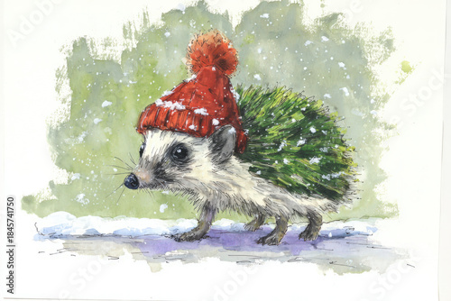 Watercolor illustration of a hedgehog with a red hat, walking in the first snow, cute and prickly