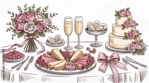 Elegant Wedding Reception Table Setting with Cake and Champagne