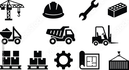 Construction and industrial icon set including crane, hard hat, forklift, dump truck, tools and warehouse logistics symbols isolated