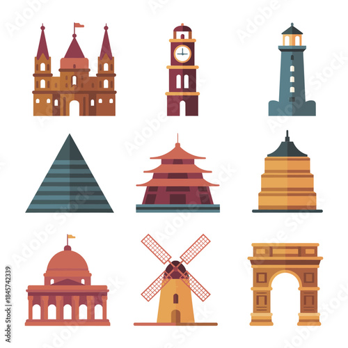 Global heritage landmark illustration set featuring temples towers domes windmills arches pyramids cultural travel architecture flat vector design