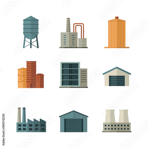 Industrial factory and warehouse building icon set with silos plants chimneys storage facilities manufacturing architecture flat vector illustration
