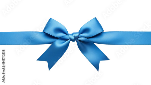 Vibrant blue satin gift bow tied with elegant ribbon, isolated horizontally on a clean white background, symbolizing celebration and thoughtful presentation for various special occasions