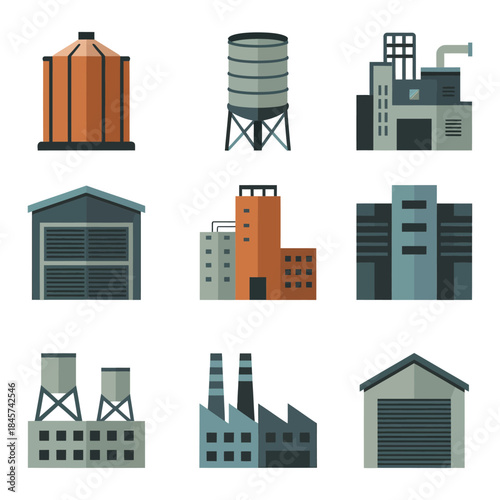 Industrial infrastructure and factory building icon set with tanks chimneys warehouses power plants flat vector illustration
