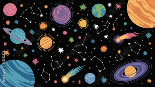 Vibrant Space Scene with Planets, Stars, and Constellations