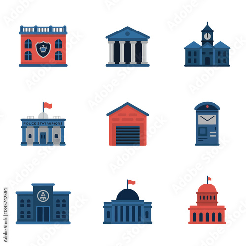 Public service and administration building icon set with town hall post office courthouse official architecture flat vector illustration