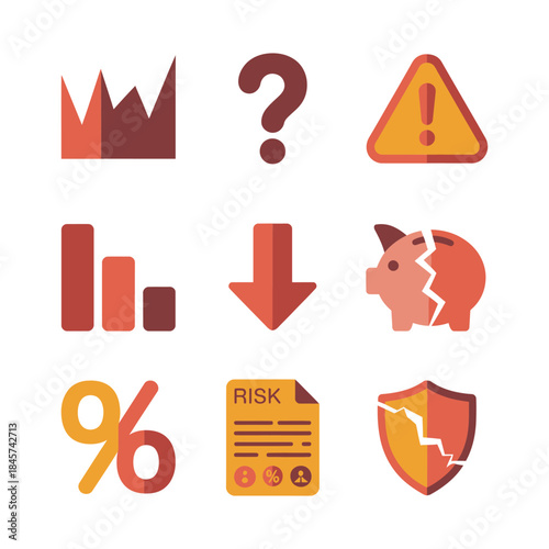 Business risk and warning icon set with decline charts alert signs shield protection finance safety flat vector illustration